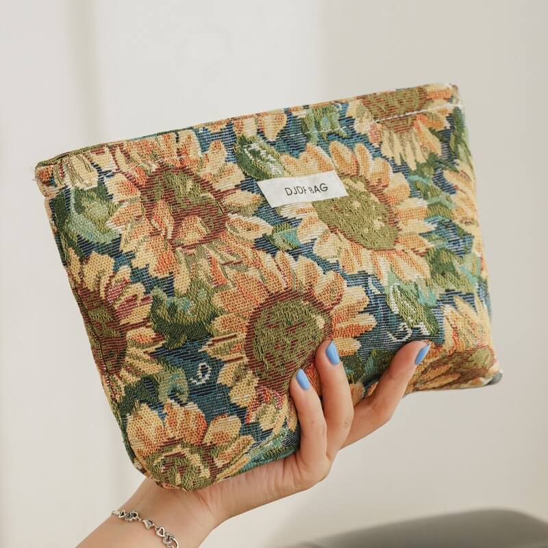 Golden floral double fabric embroidery makeup storage bag